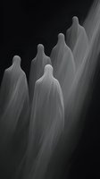 Mysterious ghostly figures in flowing white shrouds stand in dramatic light beam against dark background, creating ethereal supernatural atmosphere for horror designs.