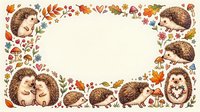 Cute hedgehogs surrounded by autumn leaves, mushrooms, and berries forming a decorative frame border on isolated background for design projects.