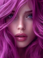 Young woman with vibrant magenta hair and blue eyes in dramatic close-up portrait showing luminous skin and full pink lips against dark background.