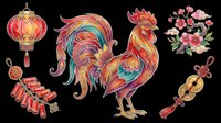 Colorful rooster with lantern, firecrackers, flowers, and decorative knot isolated on transparent background. Ready for t-shirts, clipart, stickers, and print-on-demand designs.