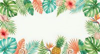 Tropical frame with exotic leaves, hibiscus flowers, pineapple and shells on light background. Summer vacation border for invitations and greeting cards.