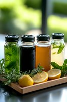 Fresh cold beverages in glass bottles with mint leaves, lemon slices and herbs on wooden tray. Variety of healthy drinks for detox and refreshment.