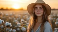 Young woman in straw hat standing in cotton field at golden hour sunset with warm lighting and agricultural landscape background for lifestyle content.