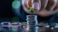 Small green tree growing on stack of silver coins with blurred bokeh background, symbolizing financial growth and sustainable investment strategies.