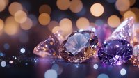 Sparkling diamonds and gems in purple and pink hues on dark reflective surface with soft bokeh lights creating magical luxury atmosphere. Perfect for jewelry design.