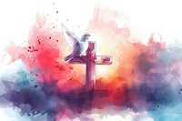 White dove perched on wooden cross against watercolor sky background with vibrant red and blue splashes, spiritual peace concept for religious designs.