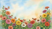 Watercolor garden scene with colorful zinnias, daisies, butterflies, and bees under a soft pastel sky, perfect for cards and prints.
