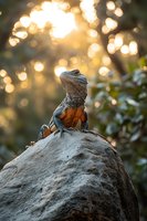 Bearded dragon lizard basking on rock with golden sunset bokeh light creating warm atmospheric wildlife portrait for nature and reptile content.