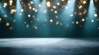 Dramatic empty stage with turquoise spotlights shining from above, golden bokeh lights and particles creating magical atmosphere for performance background.