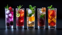 Refreshing summer cocktails with fresh berries, citrus and mint in tall glasses on dark background. Colorful drinks with ice cubes for bar menu.