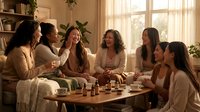 Diverse group of young women friends laughing and socializing during cozy indoor gathering with warm natural lighting and plants.
