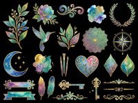 Watercolor botanical and decorative elements collection featuring ornamental leaves, flowers, feathers, celestial moon, compass rose, vintage keys, flourishes, and ornate dividers isolated on transparent background. Ready for t-shirt design, clipart, stickers, sublimation, and print-on-demand projects.