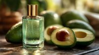 Luxurious avocado oil perfume bottle with fresh avocados on rustic wooden surface. Natural skincare concept for cosmetic and beauty product marketing.