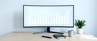 Modern workspace with computer monitor displaying financial charts and graphs on wooden desk with plant and coffee mug for business analytics.