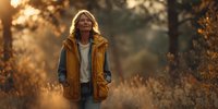 Senior woman in yellow vest walking through autumn forest at golden hour, enjoying peaceful solitude in nature.