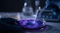 Laboratory scientist using pipette to transfer purple chemical solution in petri dish during research experiment in modern lab setting.