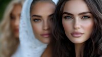 Three young women with flawless skin and natural makeup posing together, showcasing diverse beauty and feminine features for cosmetic advertising.