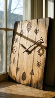 Rustic wooden clock with nature symbols and arrows by window. Handcrafted timepiece featuring botanical motifs, celestial designs for home decor and interior styling.