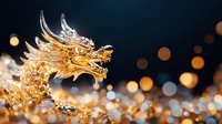 Golden dragon head sculpture with intricate details against dark background with blurred bokeh lights creating magical atmosphere. Asian mythology concept.