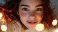 Close up portrait of young redhead woman with freckles and green eyes smiling at sunset with bokeh lights creating dreamy atmosphere. Natural beauty concept.