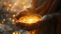 Hands cupping glowing golden light with magical sparkles and warm bokeh background creating mystical atmosphere for spiritual and fantasy concepts.