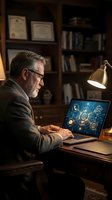 Senior Caucasian businessman in suit working on laptop with glowing digital communication icons in a classic wood-paneled office.