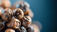 Aromatic black peppercorns in macro shot against dark blue background, showing texture and natural spice details for culinary and food photography.