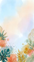 Soft watercolor tropical background with gold outline leaves, monstera, and pastel paint splashes. Elegant botanical frame for cards and social media.