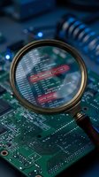 Magnifying glass revealing code vulnerabilities on circuit board for cybersecurity analysis and digital forensics investigation.