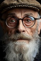 Close up portrait of senior Caucasian man with long white beard wearing round glasses and tweed cap looking directly at camera with intense gaze and thoughtful expression.