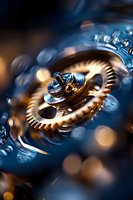 Macro shot of golden gears and mechanical components submerged in blue liquid with bokeh background, representing technology, engineering, and industrial innovation concepts.