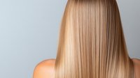 Straight blonde hair flowing down woman's bare shoulders against light background, showcasing healthy, smooth texture and professional hair care results.