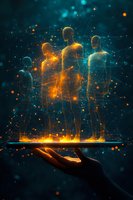 Glowing digital figures emerge above outstretched hand with luminous network connections on dark background, representing artificial intelligence and future technology.