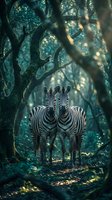 Two zebras standing together in enchanted forest with dappled sunlight filtering through ancient trees creating magical atmosphere for wildlife photography.