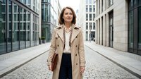 Professional middle-aged Caucasian businesswoman in beige trench coat standing confidently on modern urban street between glass office buildings.