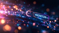 Glowing innovation text on digital circuit board with vibrant bokeh lights in pink, orange and blue colors creating futuristic technological atmosphere.