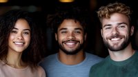 Diverse group of young smiling friends standing together indoors, showing genuine happiness and connection. Natural lighting creates warm atmosphere.