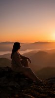 Young woman sitting on mountain peak watching sunrise over misty valleys and distant hills creating peaceful morning meditation moment for wellness content.