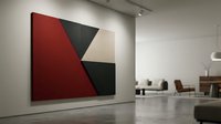 Modern abstract geometric painting with red beige and dark green triangular shapes displayed on white gallery wall in contemporary art museum interior space.