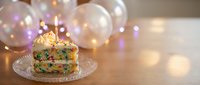 Colorful birthday cake slice with lit candle on glass plate surrounded by balloons and warm bokeh lights creating festive celebration atmosphere.