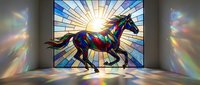Stained glass window depicting a galloping horse with vibrant rainbow colors and sunburst backdrop, casting colorful light reflections on surrounding walls.