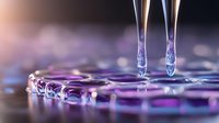 Mesmerizing water drops creating ripples on reflective surface with purple and pink illumination, macro photography showing liquid surface tension dynamics.
