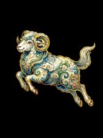 Ornate ram with curled horns and decorative swirls in gold, teal, and cream, isolated on transparent background ready for t-shirts, stickers, clipart, and print-on-demand designs.