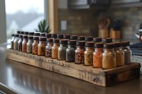 Rustic wooden spice rack with glass jars filled with colorful seasonings and spices arranged in row on kitchen counter, perfect for cooking and home organization inspiration.