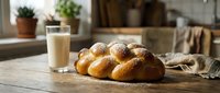 Fresh baked challah bread loaf on rustic wooden table with glass of milk in cozy kitchen setting. Traditional braided Jewish bread for breakfast or dinner.