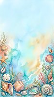 Watercolor ocean frame with seashells, starfish, coral and marine elements on soft blue background for summer designs and coastal themed projects.