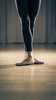 Ballet dancer in pointe shoes standing on wooden studio floor with draped curtains, showcasing classical dance technique and training.