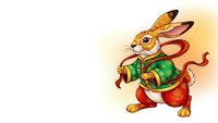 Cartoon rabbit character in traditional Asian clothing holding scroll on light background for children books and cultural projects.