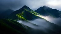 Dramatic mountain landscape with sunlight breaking through clouds, illuminating green ridges while mystical fog flows through valleys in moody atmosphere.