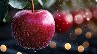 Fresh red apple covered in water drops against dark background with soft bokeh lights, creating magical atmosphere for food photography.